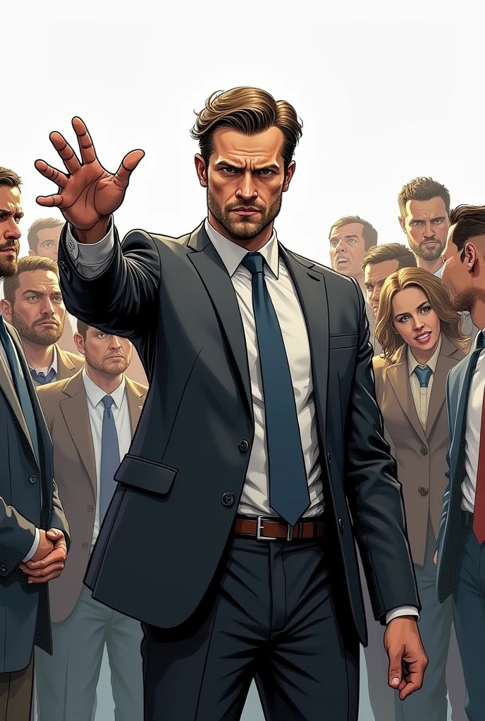 Drawing of a man with a tie rejecting a group of people by putting his hand up as a sign of rejection