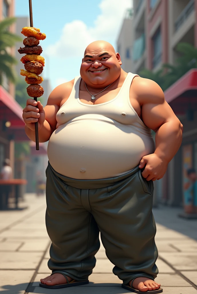 Create the character Chang from the game KoF holding a skewer in one hand and holding French fries in the other hand, create him as a chubby bald man