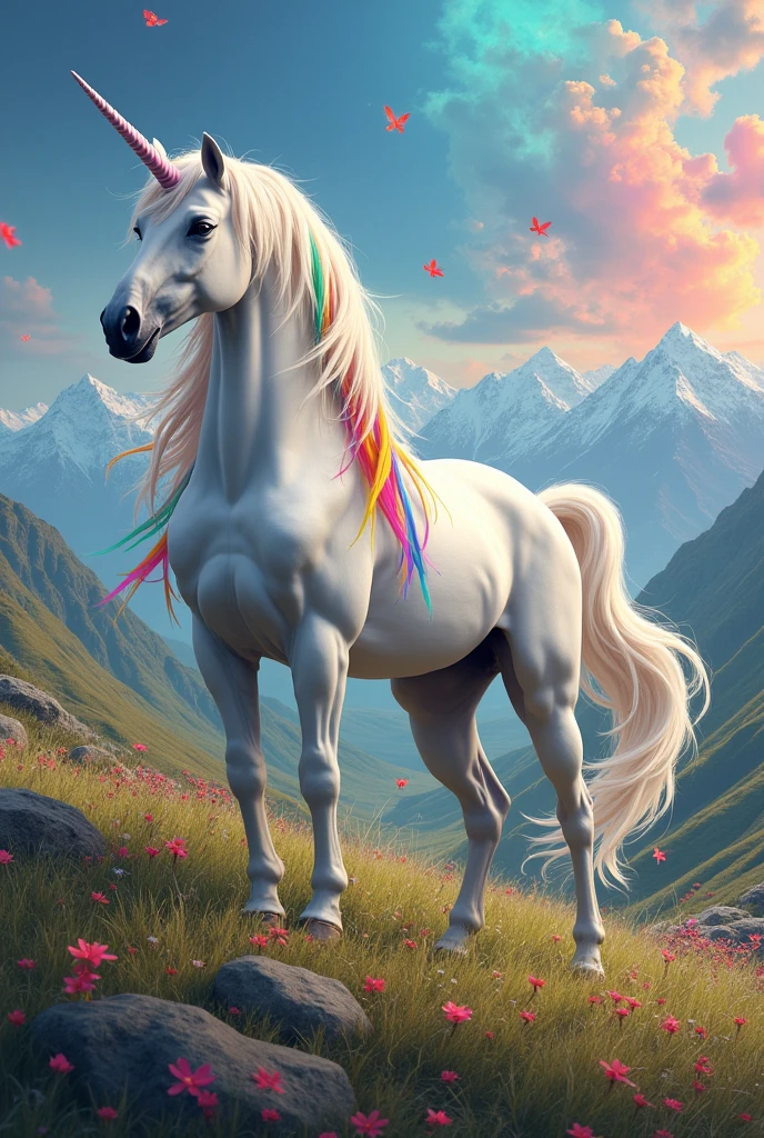 Qr a realistic white unicorn with rainbow mane, the beautiful background landscape with vivid colors
