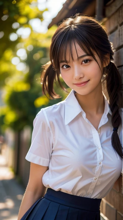 (Highest quality,masterpiece:1.3,Ultra-high resolution),(Very detailed,Caustics,8k),(Realistic:1.4,RAW shooting),1 person,(Smiling and looking down at the camera),(Front shot:1.1),(Look forward),18-year-old,cute,Japanese,Black short ponytail,school uniform,glamorous,(Big Breasts),( close),(breast focus),street,sunlight,Natural light,(Backlight),(A bright light shines from behind),(Lens flare),Professional Writing,(Cowboy Shot),(Low position:1.3),(Low Angle:1.3)