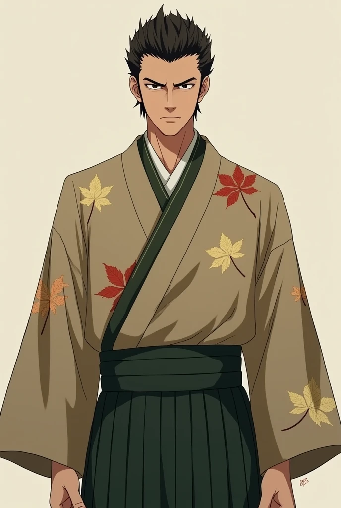  A man with a serious expression, sharp cheekbones, and short, straight hair.  
   **Hakama Design**: A dark green *hakama* paired with a light brown *kimono* with maple leaf patterns.