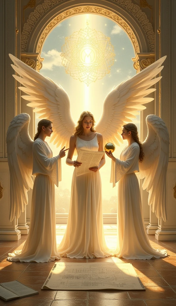 Create a highly detailed and visually captivating image for the 'Three of Spheres' card in the 'Lumen Angelis' tarot deck, closely inspired by the 'Three of Pentacles' from the Rider-Waite tarot.

At the center of the scene, depict three angelic figures standing inside a partially constructed celestial temple. The central figure, an angel with large, glowing wings and a serene expression, is holding a blueprint or sacred scroll, representing the divine plan. The angel should be in the same pose as the craftsman in the Rider-Waite card, symbolizing mastery and skill.

To the right of this figure, show an angelic architect pointing towards the plan with one hand, holding a golden sphere in the other, representing divine guidance. This figure mirrors the monk from the original card but should be dressed in elegant, ethereal robes that radiate light.

On the left, include a third angel who mirrors the pose of the nobleman from the Rider-Waite card, with a celestial staff or measuring tool in hand, symbolizing precision and divine collaboration. This angel is actively engaged in the planning and measuring, contributing to the overall project.

The background should feature the ornate arches and pillars of the temple, with celestial symbols carved into the walls, and a soft, radiant light emanating from the heavens, bathing the entire scene in a warm golden glow. The color palette should be dominated by soft golds, whites, and hints of silver, evoking a sense of divine craftsmanship, unity, and purpose."