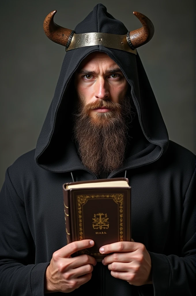 A strong bearded man in a dark Viking style hood holding a bible. Front photo