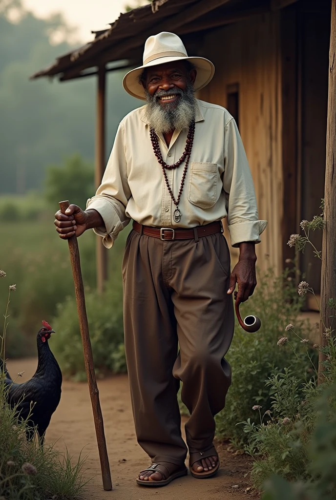 A 90-year-old black man of African descent, a little hunchbacked, tall and strong, wearing brown pants and a starched white shirt, barba, White hat, walking stick, pipe in hand, Grinning, rosary around the neck, in the background a wooden house and many medicinal herbs, twilight and a black rooster on the ground 