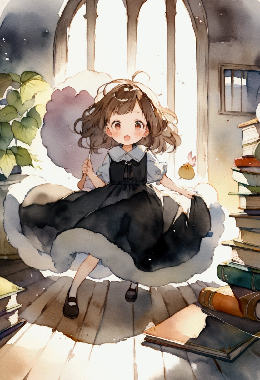 witch Fluffy brown hair Wearing a black dress Picture books Watercolor