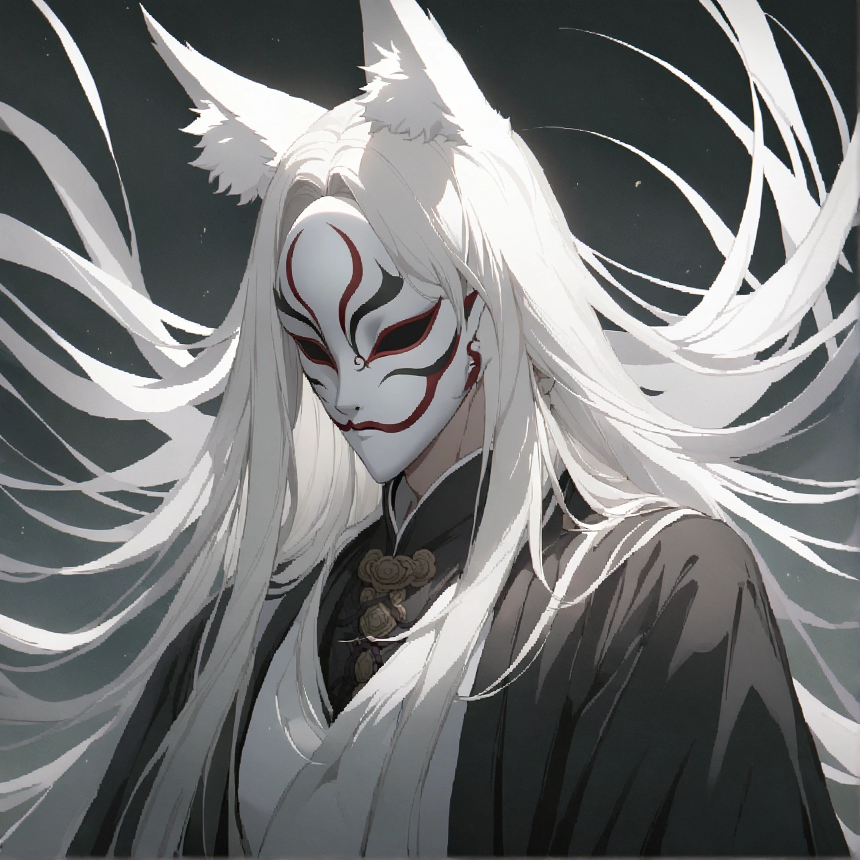 anime character with white hair and a white mask with long white hair, onmyoji portrait, white fox anime, onmyoji detailed art, with kitsune mask, vampire white fox, onmyoji, white haired deity, white - haired fox, kitsune mask, kitsune mask on head, beautiful male god of death, kitsune, nine tails