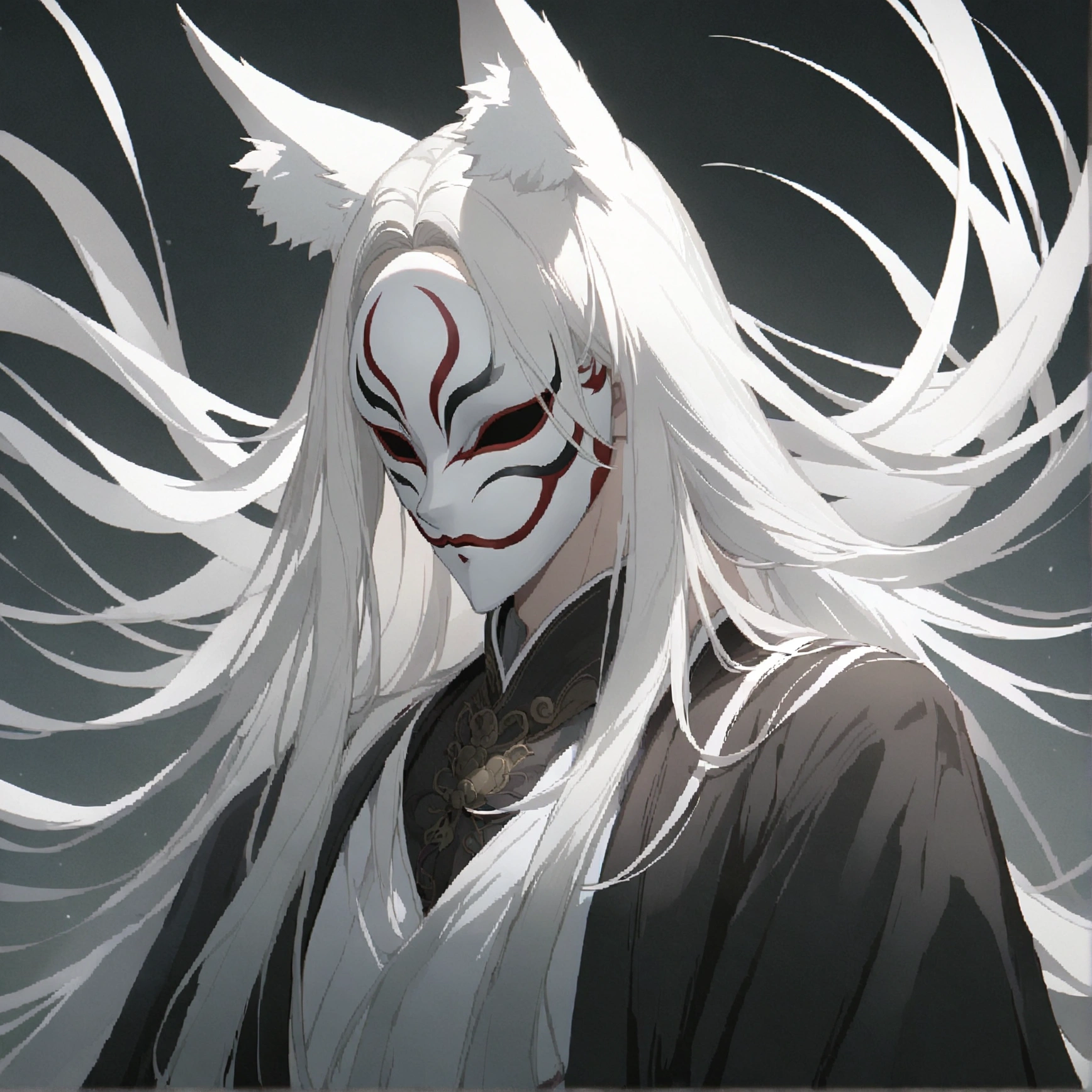 anime character with white hair and a white mask with long white hair, onmyoji portrait, white fox anime, onmyoji detailed art, with kitsune mask, vampire white fox, onmyoji, white haired deity, white - haired fox, kitsune mask, kitsune mask on head, beautiful male god of death, kitsune, nine tails