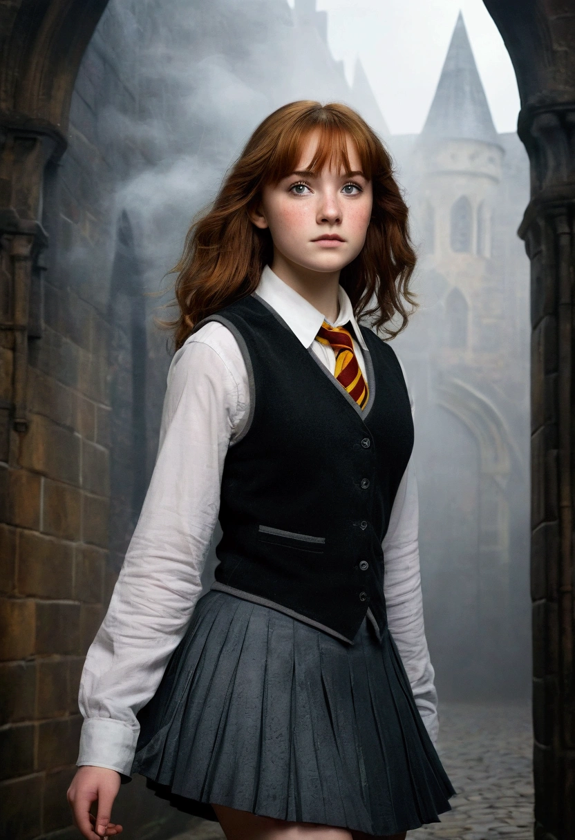 An illustrated movie poster, hand-drawn, full color, a age Hogwarts student, 18-years-old, female, wearing a charcoal vest and a pleated skirt, athletic hourglass figure, full wide hips, massive round buttng shapely legs, ridiculously thick powerful thighs, vibrant eyes, deep dark auburn hair, thick shaggy bangs, flushed sun-kissed complexion, freckles, resembles Genevieve O'Reilly, standing in a foggy Hogwarts courtyard, surrounded by mist, graphite shading, stencil marks, airbrushed acrylic paint, masterpiece, close-up shot, in the style of the Deathly Hallows