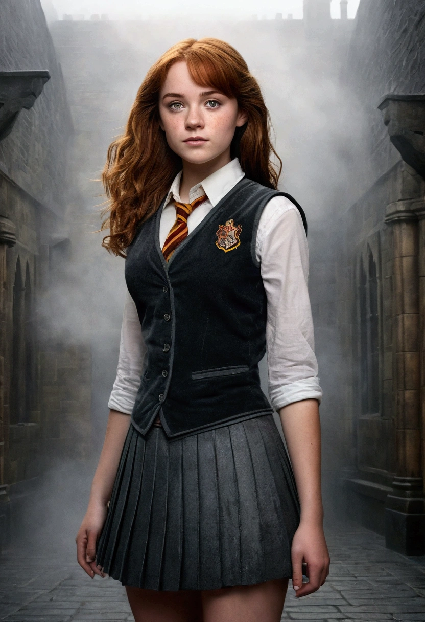 An illustrated movie poster, hand-drawn, full color, a teenage Hogwarts student, 18-years-old, female, wearing a charcoal vest and a pleated skirt, athletic hourglass figure, full wide hips, massive round butt, long shapely legs, ridiculously thick powerful thighs, vibrant eyes, deep dark auburn hair, thick shaggy bangs, flushed sun-kissed complexion, freckles, resembles Genevieve O'Reilly, standing in a foggy Hogwarts courtyard, surrounded by mist, graphite shading, stencil marks, airbrushed acrylic paint, masterpiece, close-up shot, in the style of the Deathly Hallows 