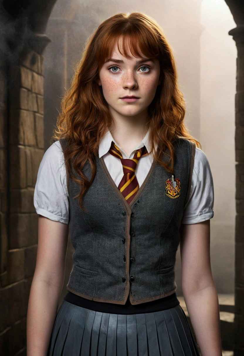 An illustrated movie poster, hand-drawn, full color, a teenage Hogwarts student, 18-years-old, female, wearing a charcoal vest and a pleated skirt, athletic hourglass figure, full wide hips, massive round butt, long shapely legs, ridiculously thick powerful thighs, vibrant eyes, deep dark auburn hair, thick shaggy bangs, flushed sun-kissed complexion, freckles, resembles Genevieve O'Reilly, standing in a foggy Hogwarts courtyard, surrounded by mist, graphite shading, stencil marks, airbrushed acrylic paint, masterpiece, close-up shot, in the style of the Deathly Hallows 