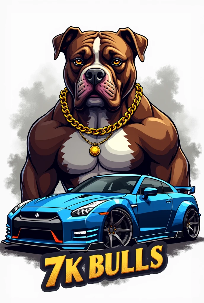Generate a logo for a dog kennel, Eye-catching logo and gold chains, chocolate colored dogs, Exotic American Bully Breed, short snout, marked forehead, muscular, extra muscular, accompanied by a blue tuning car, The name that will be on the logo is 7K Bulls, Don't put so much focus on the car that the dog is bigger