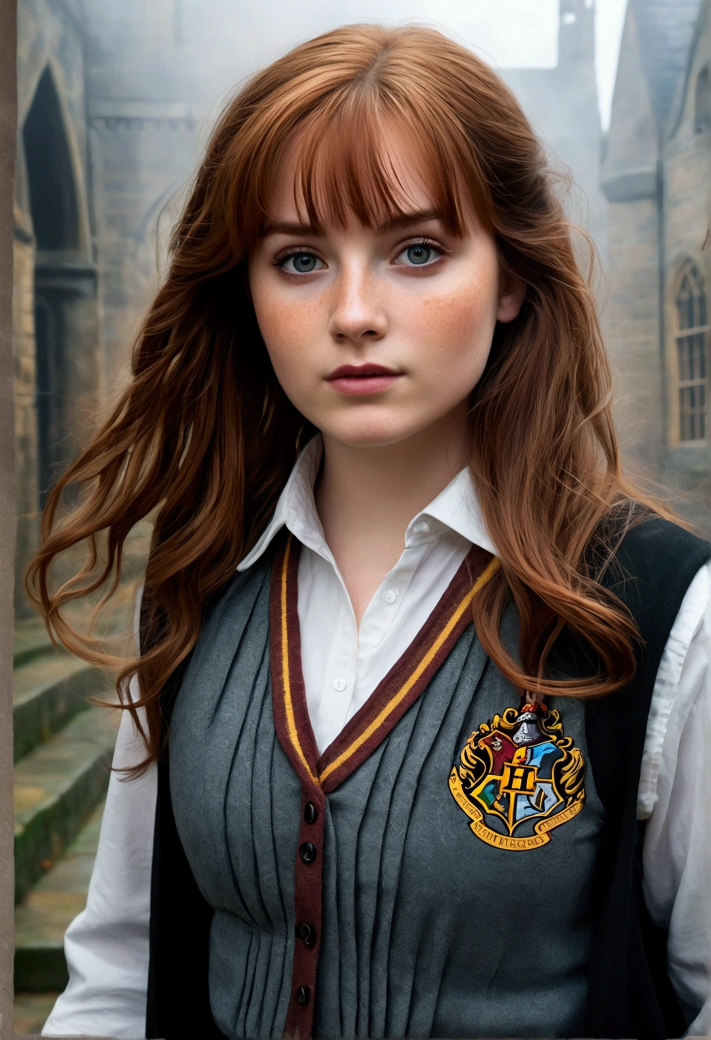 An illustrated movie poster, hand-drawn, full color, a teenage Hogwarts student, 18-years-old, female, wearing a charcoal vest and a pleated skirt, athletic hourglass figure, full wide hips, massive round butt, long shapely legs, ridiculously thick powerful thighs, vibrant eyes, deep dark auburn hair, thick shaggy bangs, flushed sun-kissed complexion, freckles, resembles Genevieve O'Reilly, standing in a foggy Hogwarts courtyard, surrounded by mist, graphite shading, stencil marks, airbrushed acrylic paint, masterpiece, close-up shot, in the style of the Deathly Hallows