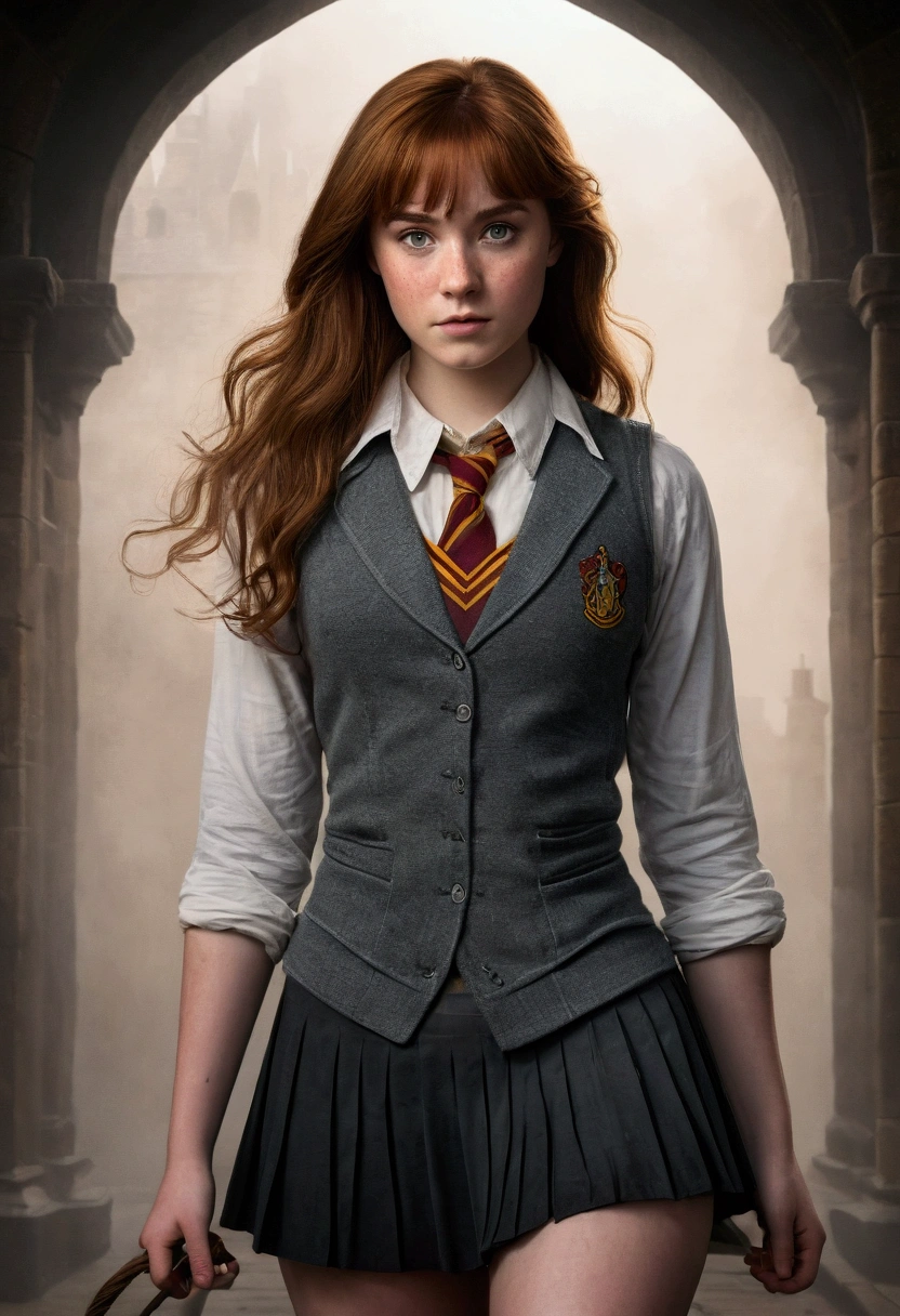 An illustrated movie poster, hand-drawn, full color, a teenage Hogwarts student, 18-years-old, female, wearing a charcoal vest and a pleated skirt, athletic hourglass figure, full wide hips, massive round butt, long shapely legs, ridiculously thick powerful thighs, vibrant eyes, deep dark auburn hair, thick shaggy bangs, flushed sun-kissed complexion, freckles, resembles Genevieve O'Reilly, standing in a foggy Hogwarts courtyard, surrounded by mist, graphite shading, stencil marks, airbrushed acrylic paint, masterpiece, close-up shot, in the style of the Deathly Hallows
