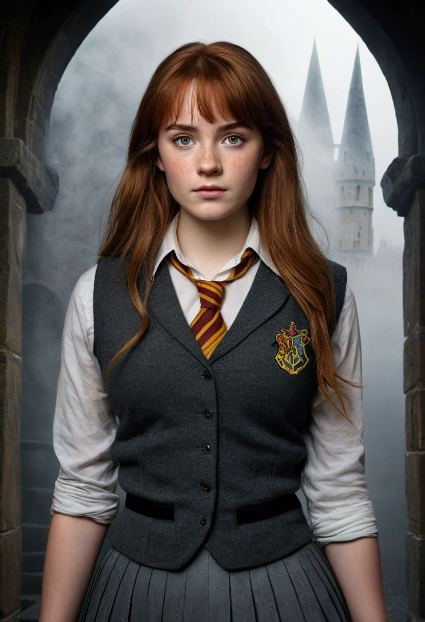 An illustrated movie poster, hand-drawn, full color, a teenage Hogwarts student, 18-years-old, female, wearing a charcoal vest and a pleated skirt, athletic hourglass figure, full wide hips, massive round butt, long shapely legs, ridiculously thick powerful thighs, vibrant eyes, deep dark auburn hair, thick shaggy bangs, flushed sun-kissed complexion, freckles, resembles Genevieve O'Reilly, standing in a foggy Hogwarts courtyard, surrounded by mist, graphite shading, stencil marks, airbrushed acrylic paint, masterpiece, close-up shot, in the style of the Deathly Hallows