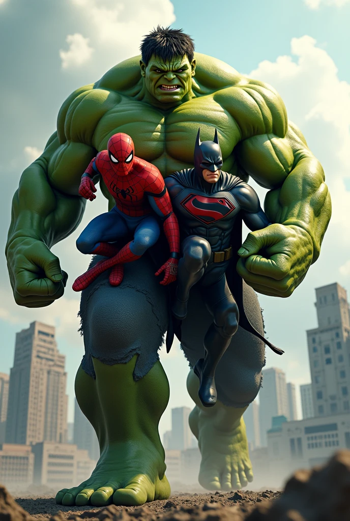 Hulk carrying Spider-Man and Batman on him