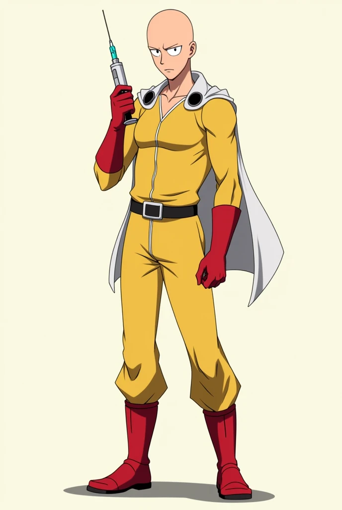 Saitama from One Punch Man with a syringe in his hand and that looks the same as the anime