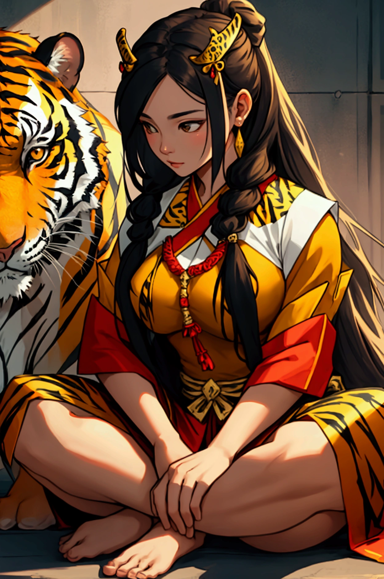 woman,Wearing a Thai tiger-patterned outfit,Long hair tied at the head, No feet ,Priestess
