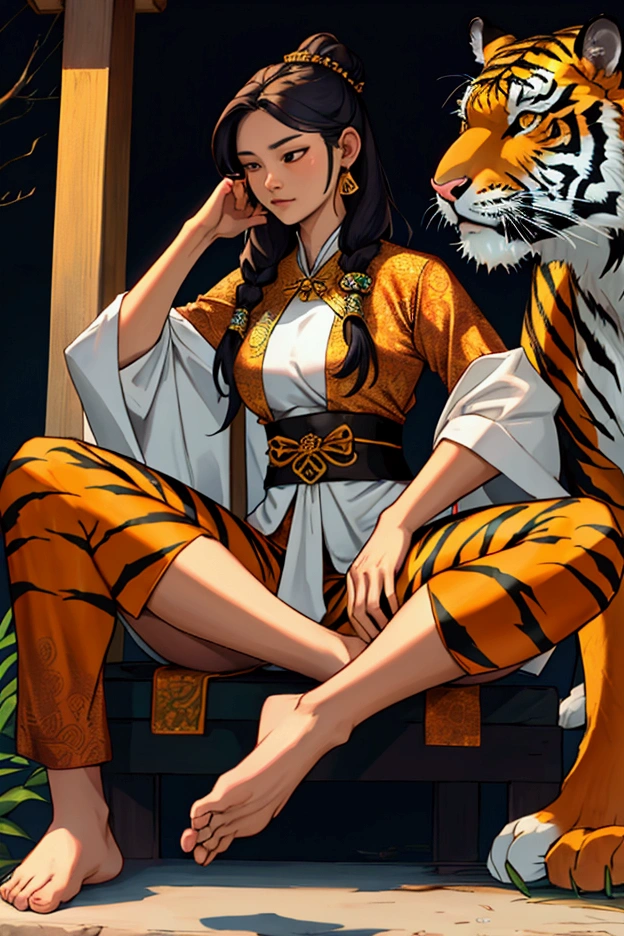 woman,Wearing a Thai tiger-patterned outfit,Long hair tied at the head, No feet ,Priestess