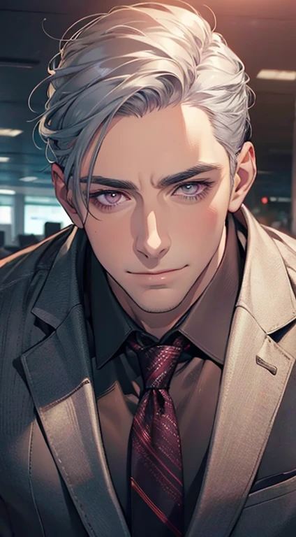 (Highest quality,4K,8K,High resolution,masterpiece:1.2),Super detailed,(Realistic,photoRealistic,photo-Realistic:1.37),1 personld,Mature Men,Beautiful skin、very handsome,Expressionless,smile,Short gray blue hair,purple eyes,Sharp Eyes,A perfect face without a doubt,Businessman,Office Background,Cinema Lighting,HDR image,tie、