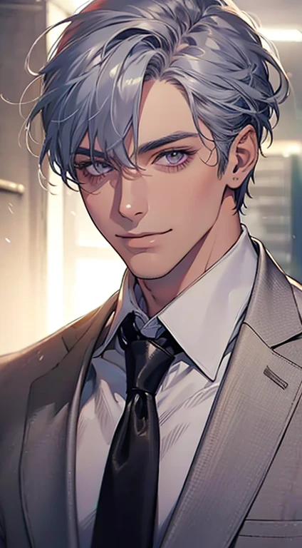 (Highest quality,4K,8K,High resolution,masterpiece:1.2),Super detailed,(Realistic,photoRealistic,photo-Realistic:1.37),1 personld,Mature Men,Beautiful skin、very handsome,Expressionless,smile,Short gray blue hair,purple eyes,Sharp Eyes,A perfect face without a doubt,Businessman,Office Background,Cinema Lighting,HDR image,tie、