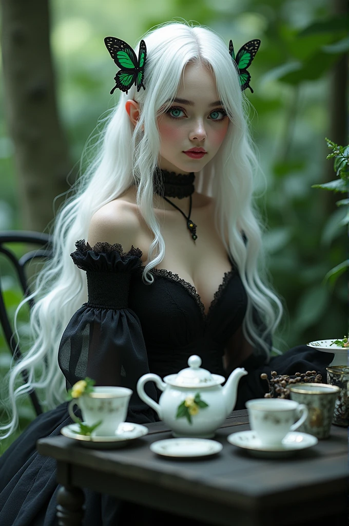 Female. Woman. Sitting in garden. Tea table. Tea Party. 1girl. White hair. Sitting in chair. Smug smile. Long hair. Goth dress. Black long dress. Raven blue eyes. White eye lashes. Green butterfly hairpin, echidnanai, butterfly hair ornament, colored eyelashes, dress