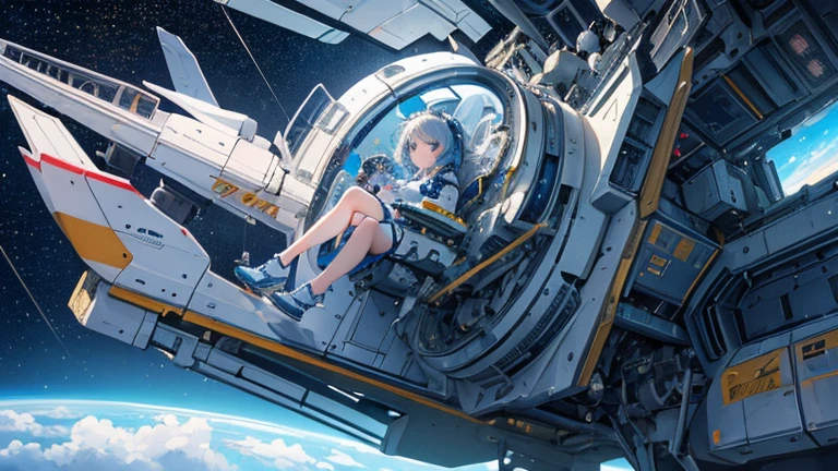 (((masterpiece))), (((Highest quality))), ((Very detailed)), (Highly detailed CG illustrations), ((Very delicate and beautiful)),(From the side),Cinematic Light,A girl climbs into the cockpit,whole body,Boarding a small spaceship,In the cockpit,Starry Sky, Big Clouds,colored glaze,Run up the ramp,Space Station、Preparing for takeoff、Spacesuit