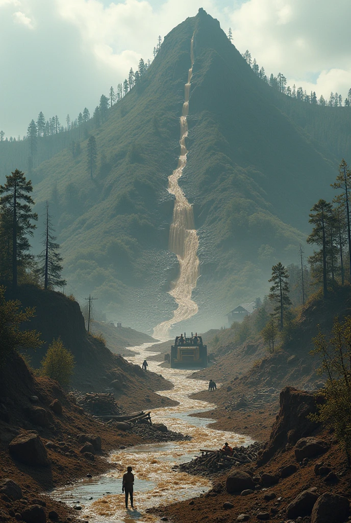 Picture a town located at the foot of a hill devoid of vegetation and life due to deforestation. At the top, the hill shows a landslide that destroyed the houses below it. Around the hill, put an image of a bulldozer cutting down trees, trees that have been cut down, and barren land. At the bottom, add the image of muddy water flowing from the hills to the luxurious city, causing floods that destroy human habitations. Images of people helpless in the face of this disaster can be shown panicking or trying to save themselves and their property as well as wild animals injured by forest logging.