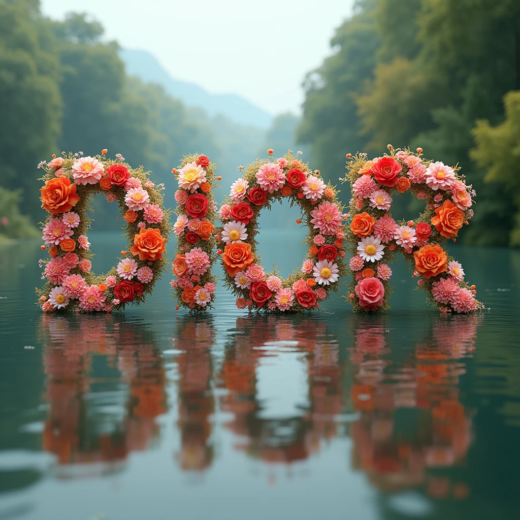 Those 6 big letters DIORIS made of flowers floating face up lying in a river