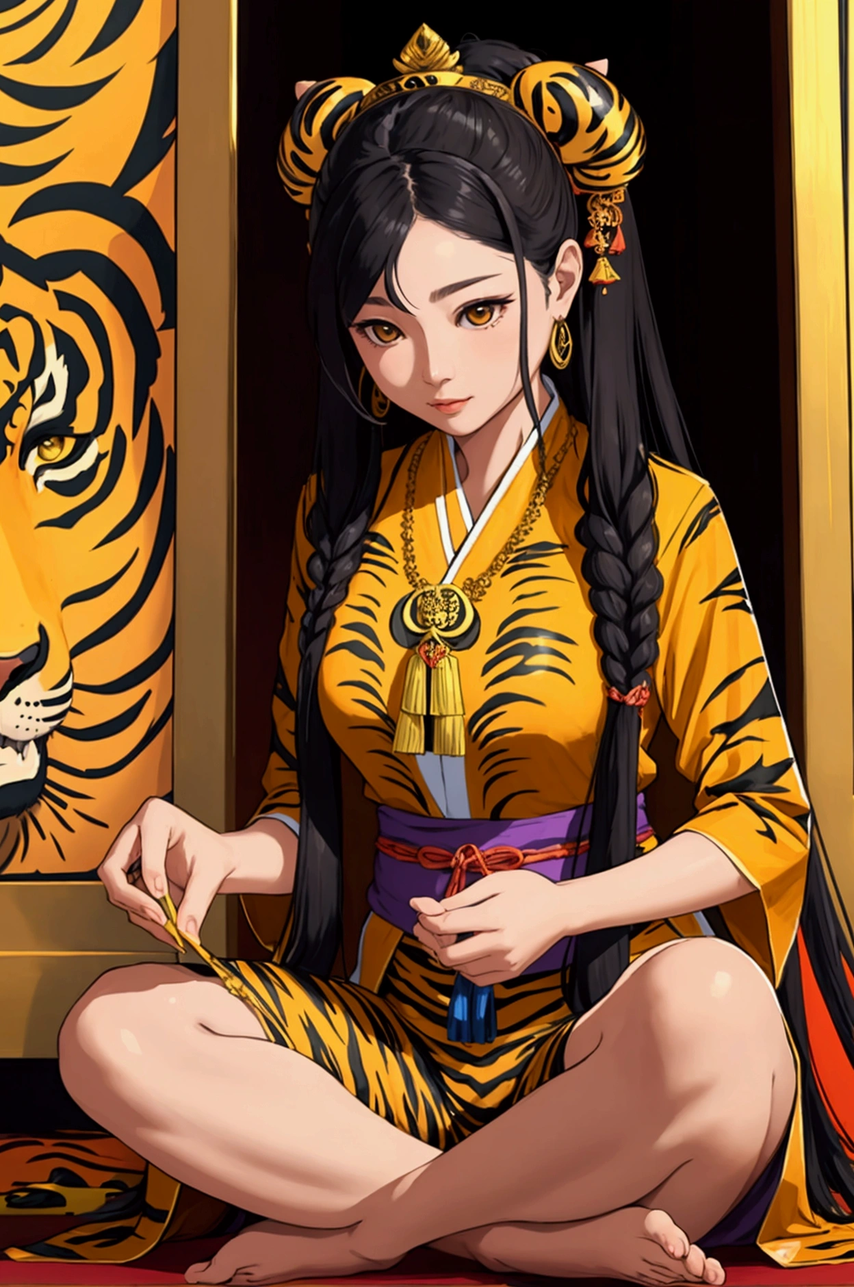 woman,Wearing a Thai tiger-patterned outfit,Long hair tied at the head, No feet ,Priestess