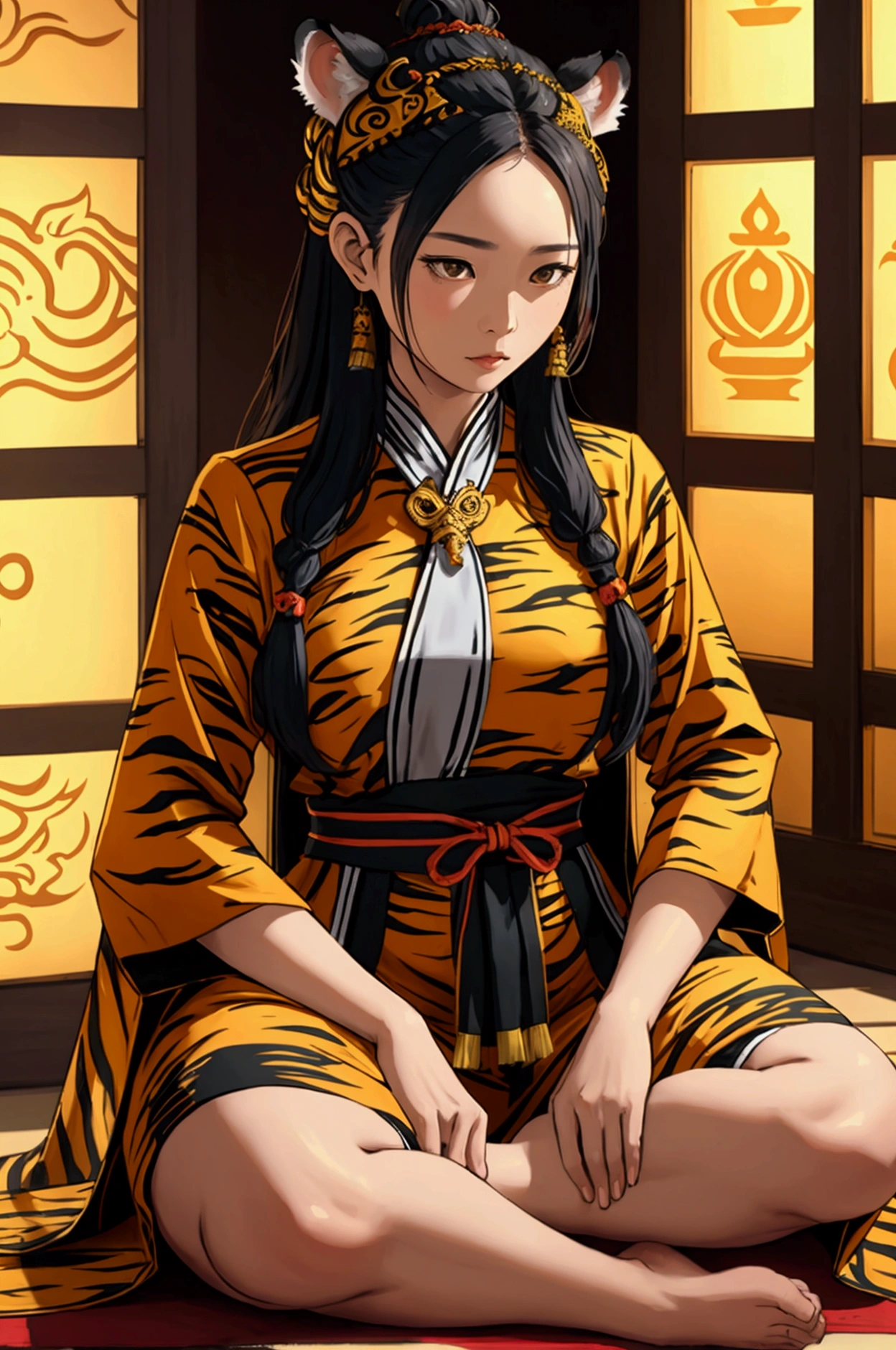 woman,Wearing a Thai tiger-patterned outfit,Long hair tied at the head, No feet ,Priestess