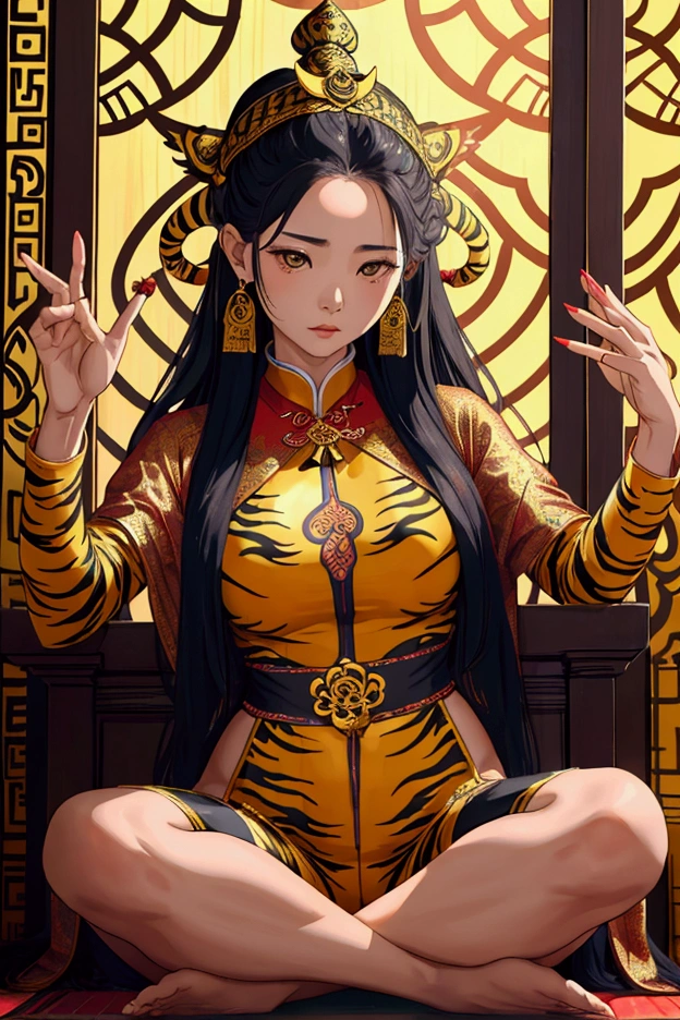 woman,Wearing a Thai tiger-patterned outfit,Long hair tied at the head, No feet ,Priestess