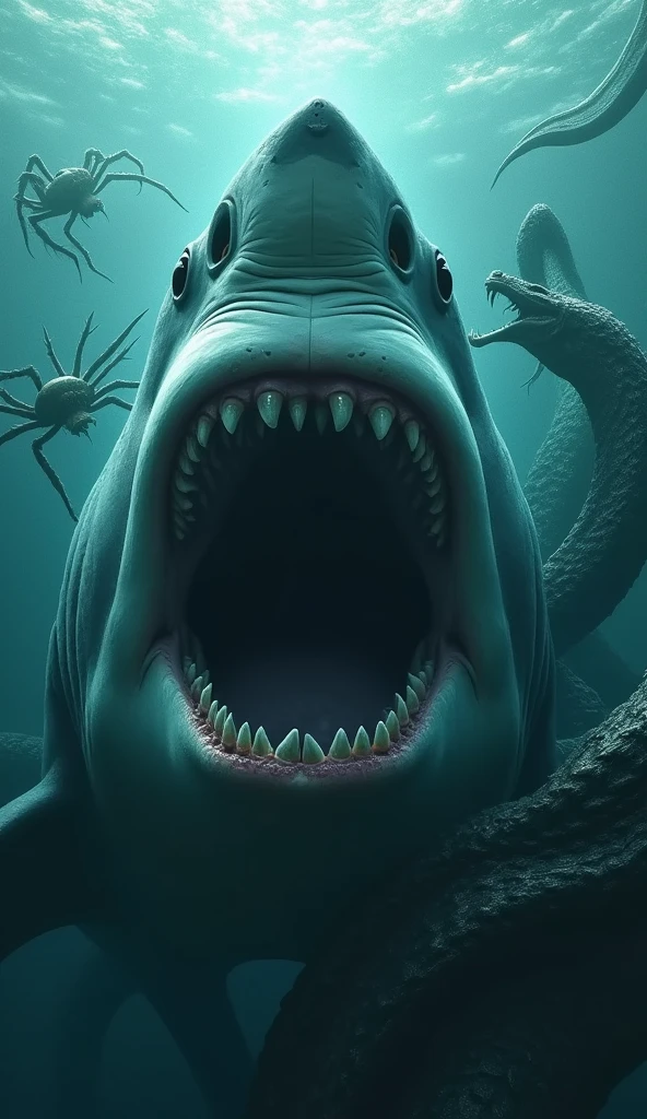 In the deep waters of the sea there is a great white shark coming to get me with its mouth open and its teeth showing., below a huge, hairy spider and next to the spider a giant, murderous snake, all three staring at me.