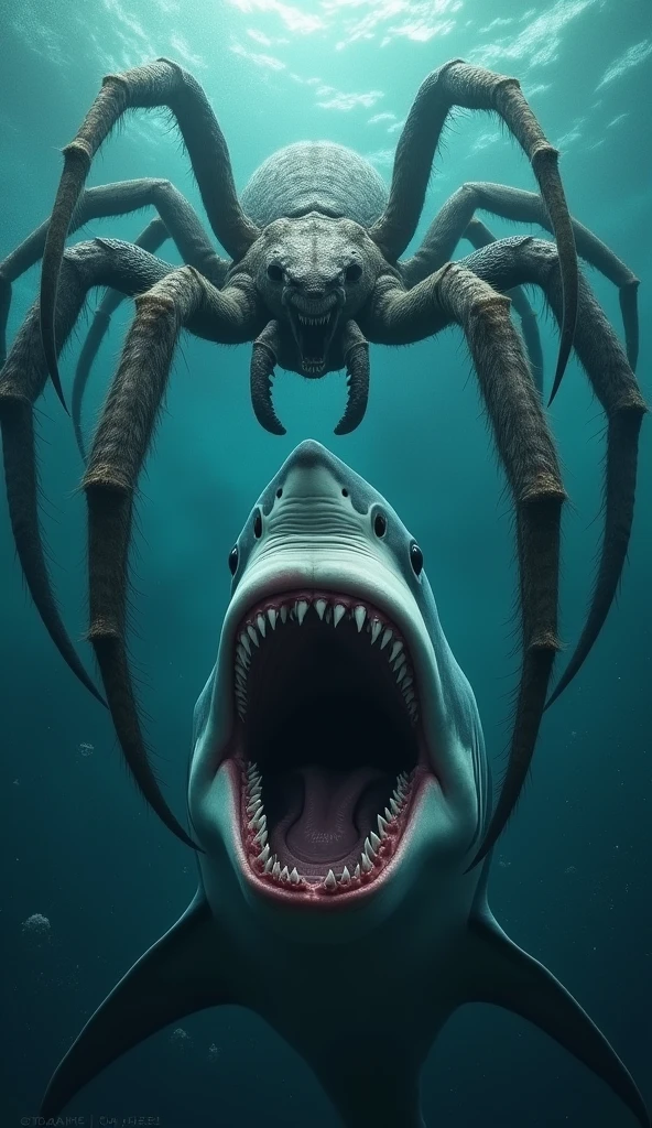 In the deep waters of the sea there is a great white shark coming to get me with its mouth open and its teeth showing., below a huge, hairy spider and next to the spider a giant, murderous snake, all three staring at me.