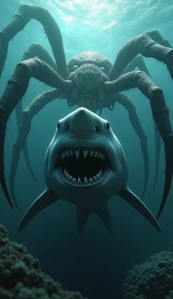 In the deep waters of the sea there is a great white shark coming to get me with its mouth open and its teeth showing., below a huge, hairy spider and next to the spider a giant, murderous snake, all three staring at me.
