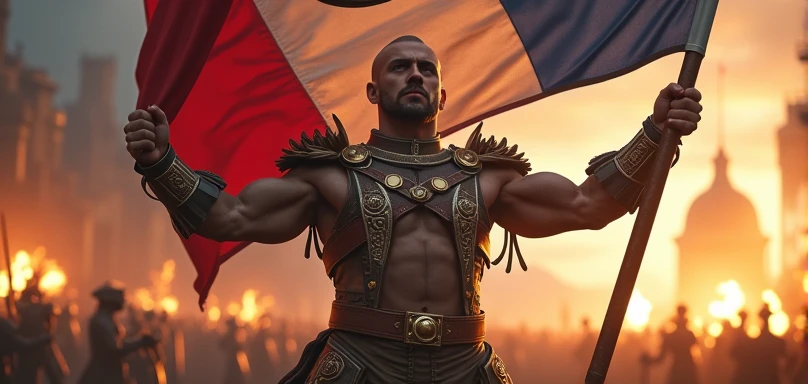 a brave man victoriously holding a flag with the symbol ♂, muscular male figure, detailed military uniform, patriotic expression, dynamic action pose, dramatic lighting, epic battle scene, cinematic composition, digital painting, photorealistic, (best quality,4k,8k,highres,masterpiece:1.2),ultra-detailed,(realistic,photorealistic,photo-realistic:1.37),HDR,UHD,studio lighting,extreme detail description,professional,vivid colors