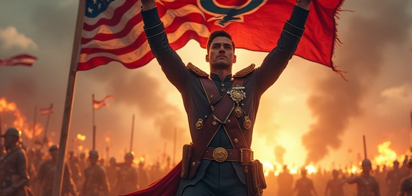 a brave man victoriously holding a flag with the symbol ♂, muscular male figure, detailed military uniform, patriotic expression, dynamic action pose, dramatic lighting, epic battle scene, cinematic composition, digital painting, photorealistic, (best quality,4k,8k,highres,masterpiece:1.2),ultra-detailed,(realistic,photorealistic,photo-realistic:1.37),HDR,UHD,studio lighting,extreme detail description,professional,vivid colors