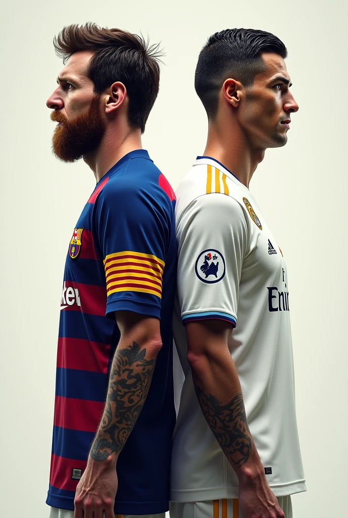 Create an image of Messi next to Cristiano Ronaldo wearing the Real Madrid shirt