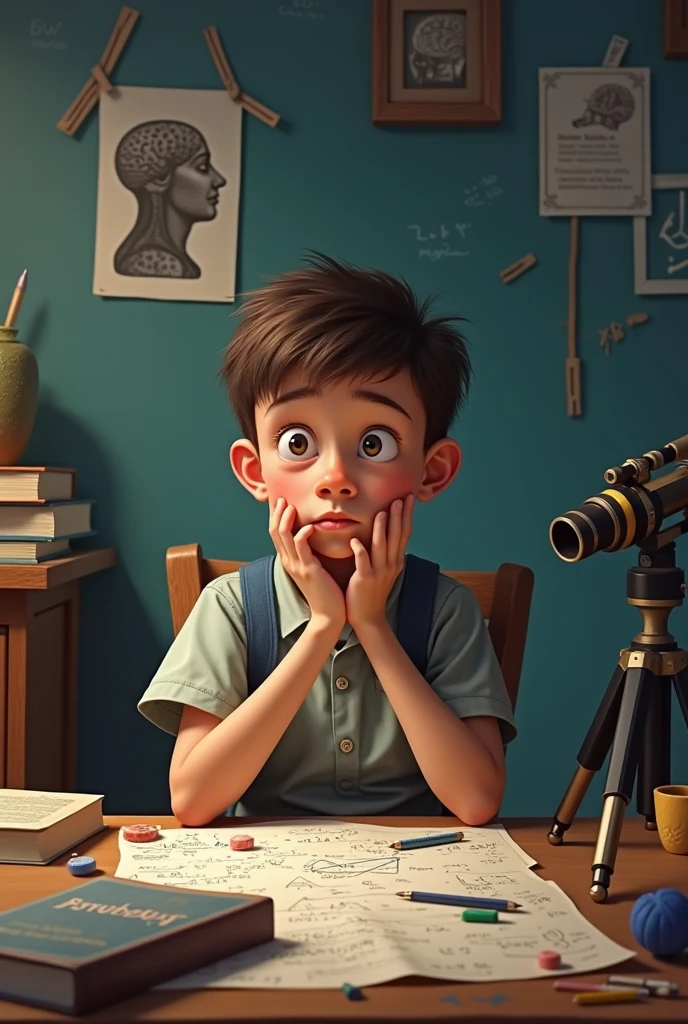  Generate, A boy sitting on a chair front of him we can see telescope and front wall is covered by many Psychology photos. On his table we can see there are Mathameticl instruments and Book named as Psychology and some rough sheets which are filled with Mathameticl concepts like Algebra and trigonometry. He is thinking about something. A pen in his hand. 