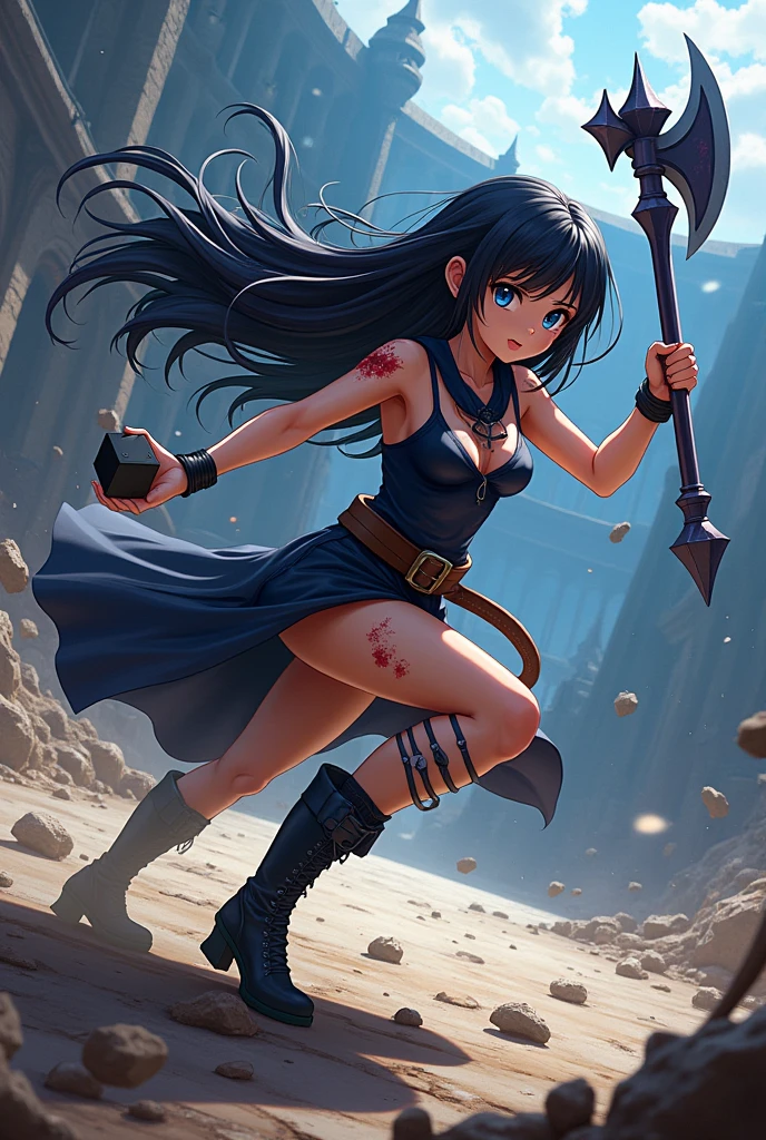 Create a black haired witch girl. And a wet dress, It is accompanied by a black cube that can be transformed into many things.. And the girl has a scepter in the shape of an axe with a very long handle.. That they are in a combat arena very hurt, that it is a 2d cartoon and it will not be as realistic as it is in anime cartoon drawing style 