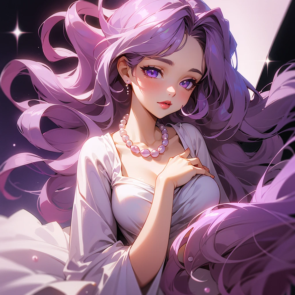 (Best Quality), 1 girl, with long curly hair, light brown, purple eyes with white glitter, crimson-colored lips, a lilac and white dress, Pearl Necklace