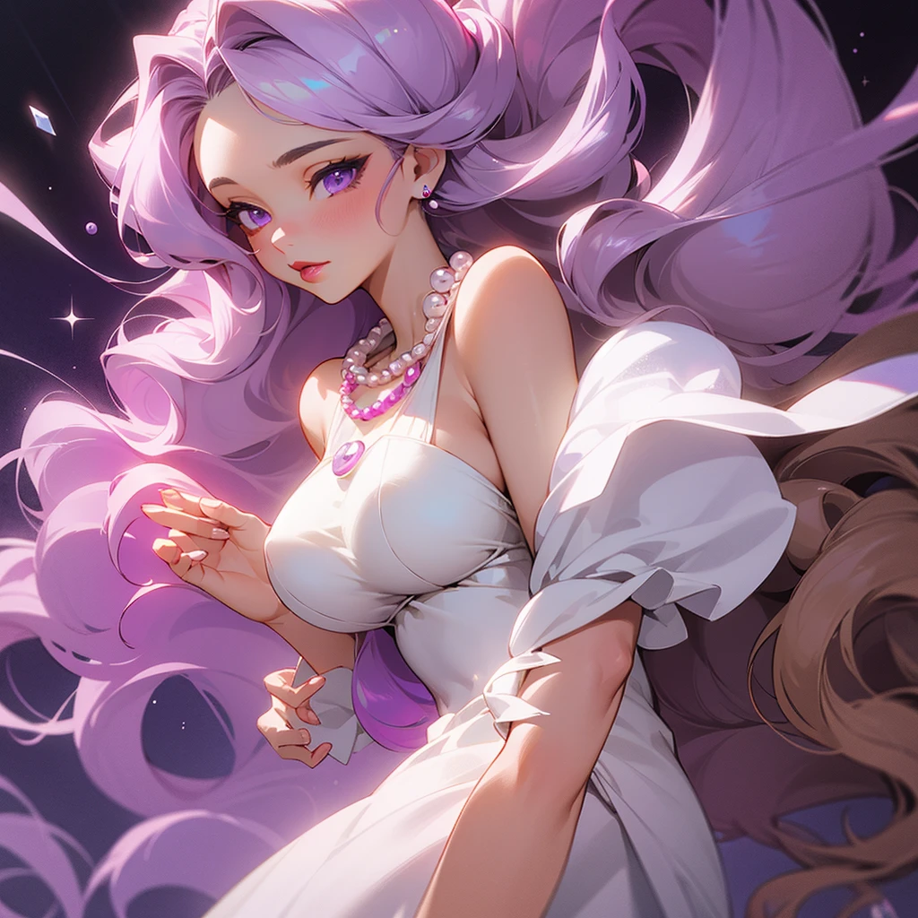 (Best Quality), 1 girl, with long curly hair, light brown, purple eyes with white glitter, crimson-colored lips, a lilac and white dress, Pearl Necklace
