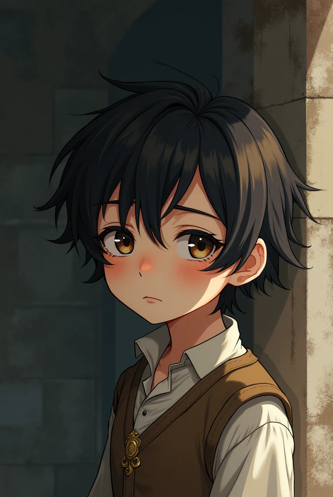 An anime-type boy with anime-type features: dark brown eyes, semi wavy hair, half blond,
Let it be something like anime but from medieval times but with black hair and not so anime that it is like a boy with BLACK HAIR AND SOMETHING SAD