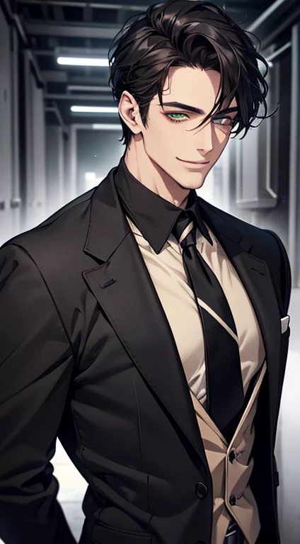 a mature handsome man with short black hair and green eyes, buttoning his jacket, smiling in love, cinematic lighting, photorealistic, 8K, masterpiece, best quality