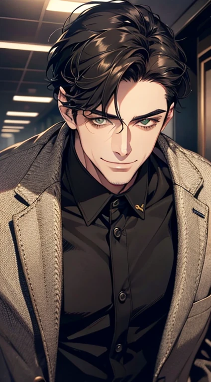 a mature handsome man with short black hair and green eyes, buttoning his jacket, smiling in love, cinematic lighting, photorealistic, 8K, masterpiece, best quality