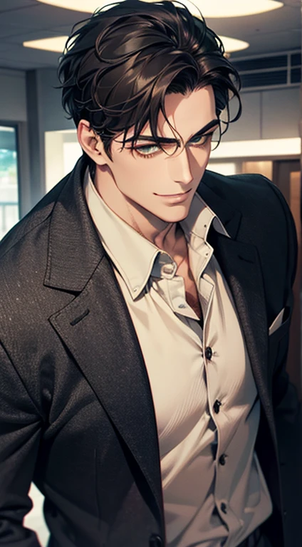 a mature handsome man with short black hair and green eyes, buttoning his jacket, smiling in love, cinematic lighting, photorealistic, 8K, masterpiece, best quality