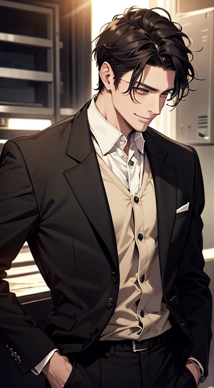 a mature handsome man with short black hair and green eyes, buttoning his jacket, smiling in love, cinematic lighting, photorealistic, 8K, masterpiece, best quality