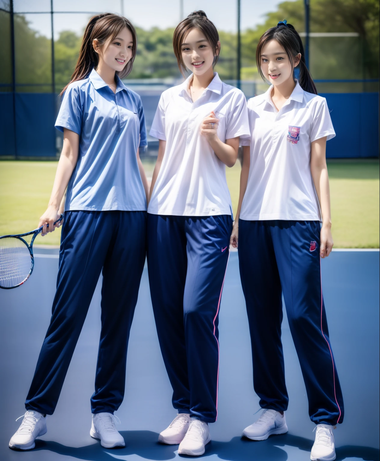 3 girls play tennis at tennis courts, Navy blue short-sleeved shirt,Navy Long Trackpant,Sweatpants, Sweatpantsขายาว,25 year old girl, lesbian, sexy, exercise clothes, wet body, exercise clothes