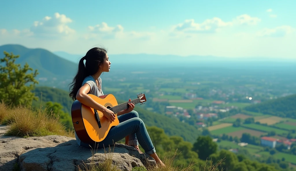 A 20age girl seating on heights of place playing guitar, looking under the city, farm , green view, feeling so cool, and blue sky syncing, (realistic image HDR) , (hight details), (vivid) ,(Indian face)