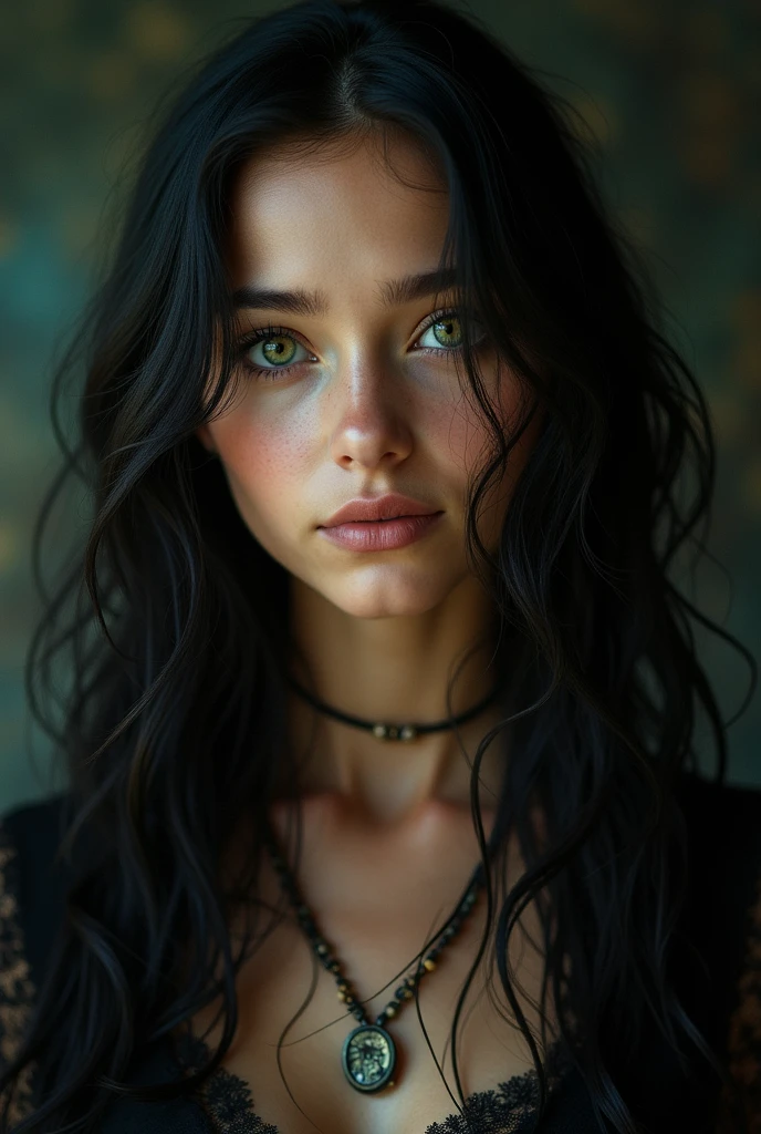 (Photorealism)  child, around 15 years, tanned light skin, clear green eyes, long black hair with waves, mystical air, seducing smile, involved with magic born in Romania, descendant of gypsies