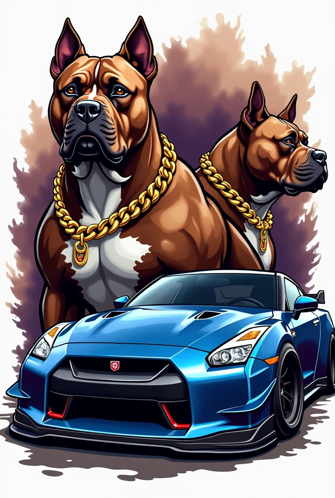 Generate a logo for a dog kennel, Eye-catching logo and gold chains, chocolate colored dogs, Exotic American Bully Breed, short snout, marked forehead, muscular, extra muscular, cropped ears, accompanied by a blue tuning car, The name that will be on the logo is 7K Bulls, Don't put so much focus on the car that the dog is bigger